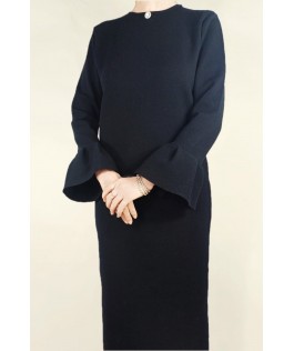 Rochie neagră dreaptă lână cu volane