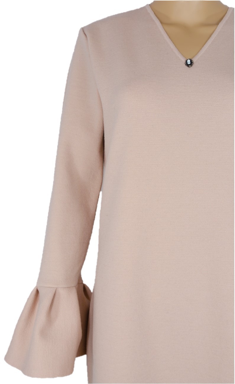 Rochie peach blush dreaptă lână cu volane