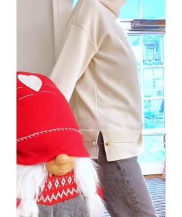 Pulover ecru din lână guler rol