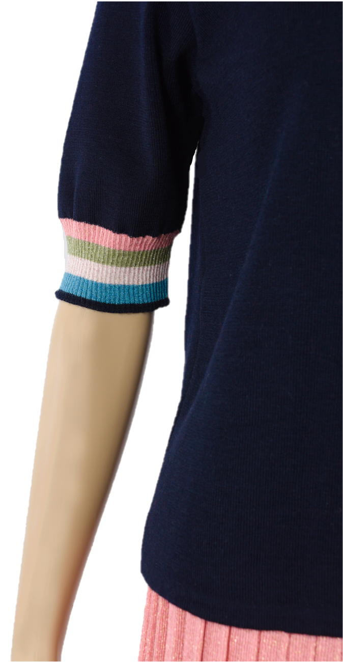 Bluză din lână navy-manșeta multicolor